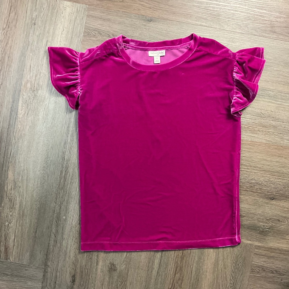 Maison Jules Velvet Ruffle Flutter Sleeve Top Womens Magenta Pink Small S Glam